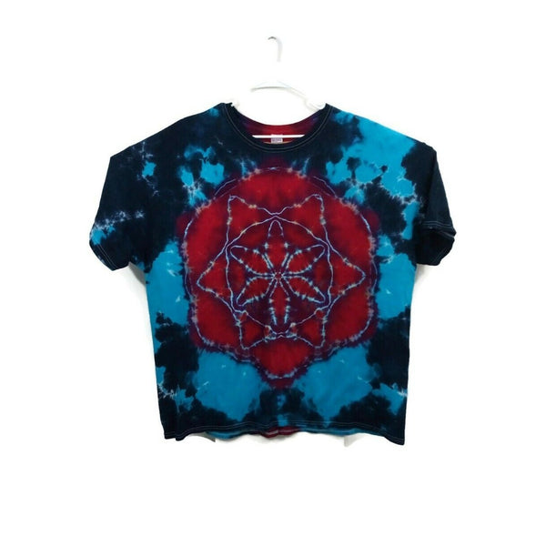 Hand Dyed Tie Dye Tee Cotton Jersey Shirt Adult Plus 2XL Seed Of Life Red Blue