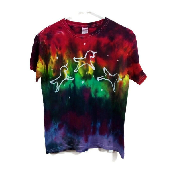 Hand Dyed Batik Tie Dye Tee Cotton Jersey Shirt Kids M Rainbow Counting Unicorns