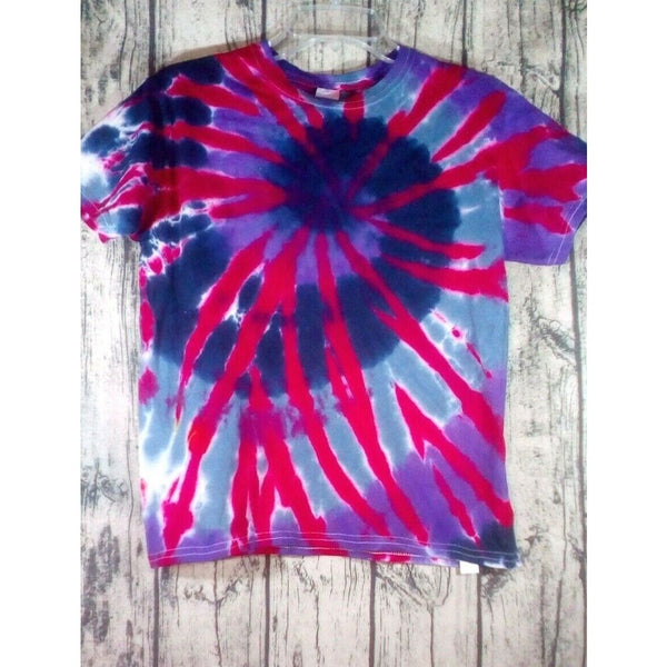 Handmade Tie Dye Short Sleeve Cotton T-Shirt Kids Medium Purple Red Spiral