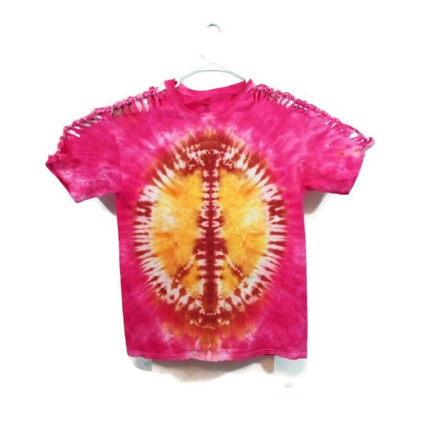 Hand Dyed Tie Dye Tee Cotton Jersey Shirt Large Pink Peace Cut Shoulders and Beaded Glow in the Dark