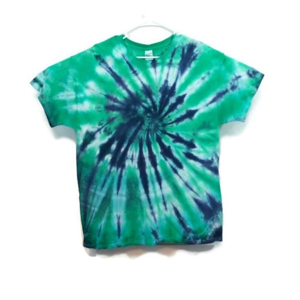 Hand Dyed Tie Dye Tee Cotton XL Green Cobalt Swirl Spiral