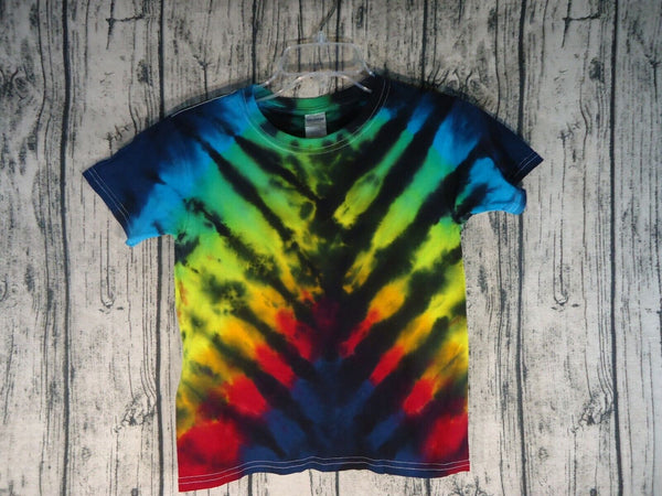 Handmade Tie Dye Cotton Short Sleeve Tee Shirt Kids XS Rainbow Tiger V Stripe