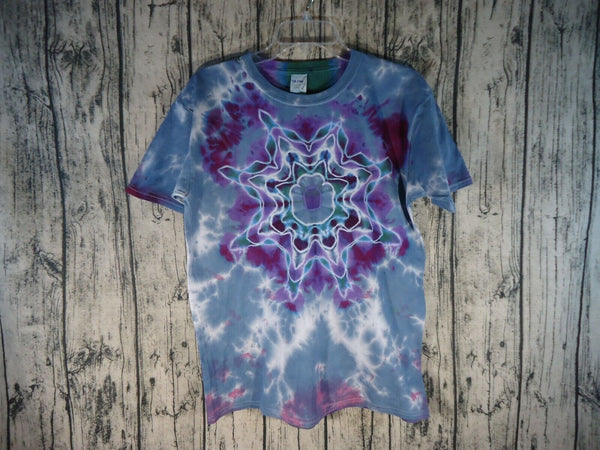 Handmade Tie Dye Tee Shirt Youth XL Star Mandala Purple and Silver