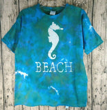 Handmade Batik Tie Dye Short Sleeve Cotton T-Shirt Kids XL Seahorse Beach Blue