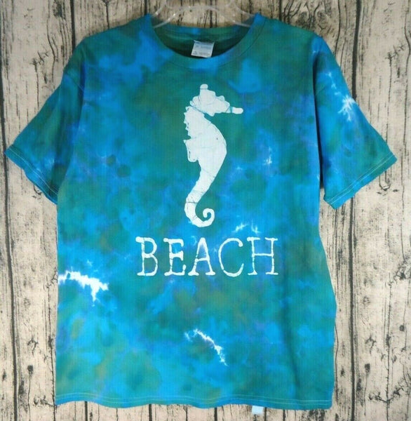 Handmade Batik Tie Dye Short Sleeve Cotton T-Shirt Kids XL Seahorse Beach Blue