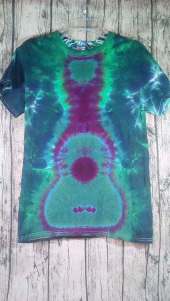 Handmade Tie Dye Short Sleeve Cotton Tee Shirt Small Guitar Green Blue