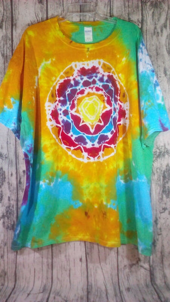 Handmade Tie Dye Short Sleeve Tee Mandala Yellow Green Purple 3XL