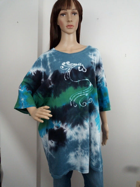 Handmade Tie Dye Horse Free Spirit Batik Grey Green Blue Tee Shirt Plus 3XL