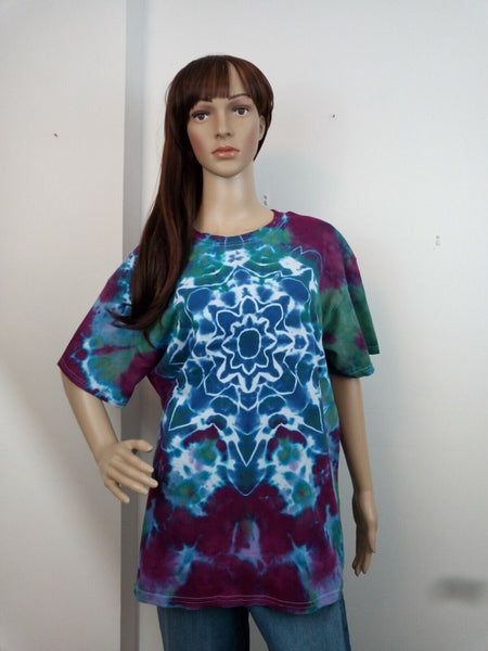 Handmade Tie Dye Star Mandala Tee Shirt Blue Green Purple Size L