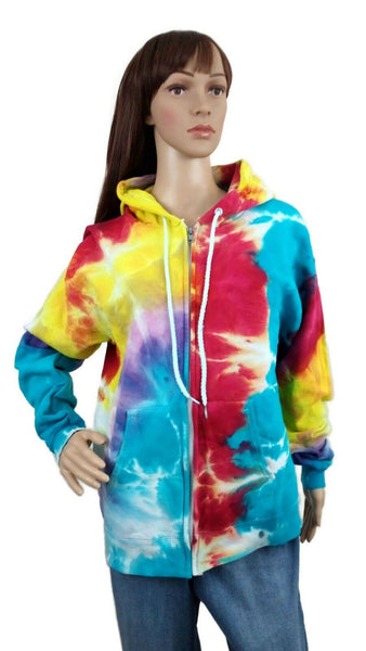 Handmade Tie Dye Long Sleeve Zip Front Sweatshirt Hoodie Rainbow Spiral Small