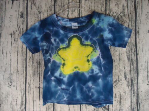 Handmade Tie Dye Cotton Short Sleeve T- Shirt Kid 4T Blue Yellow Star Celestial